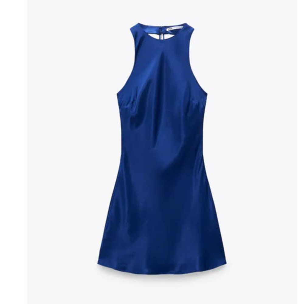 ZARA Blue Open Back Jewel Chain Satin Dress 3564/198 Medium - Picture 3 of 9
